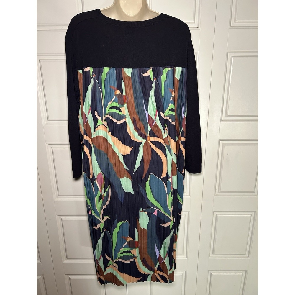Ted Baker Pleated Mixed Media Sweater Dress Navy Tropical Leaf Print Sz 5 US 12